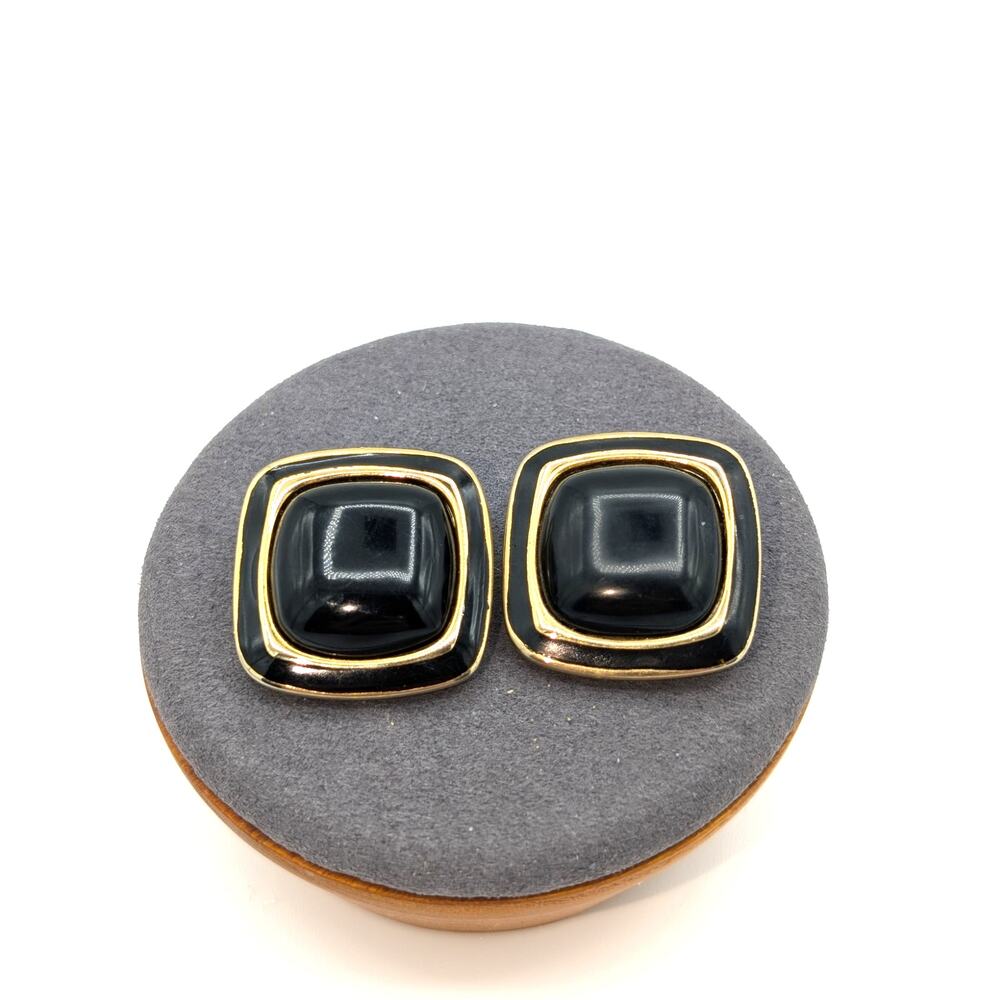 Vintage Black & Gold Tone Square Clip On Earrings